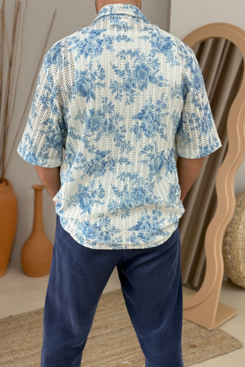 SHORT SLEEVES FLOWERS DESIGN MEN SHIRT CREAM-LIGHTBLUE/KRBZ - 3