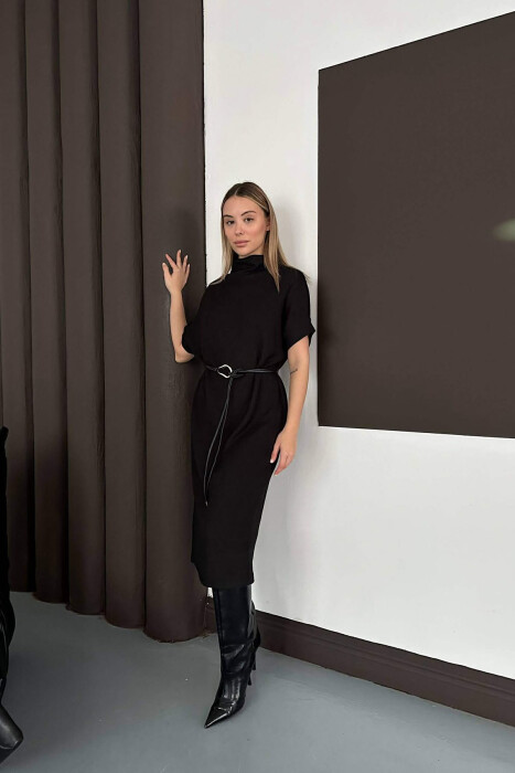 SHORT SLEEVES LACING DETAIL LONG WOMEN DRESS BLACK/ E ZEZE - KLAUDIO FASHION