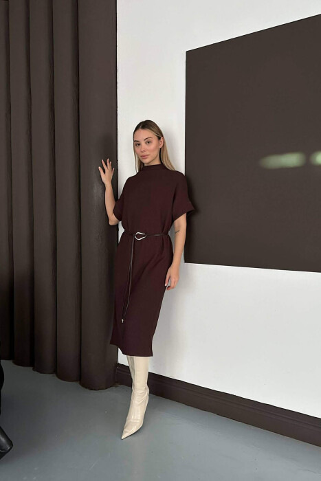 SHORT SLEEVES LACING DETAIL LONG WOMEN DRESS BROWN/KAFE - 1