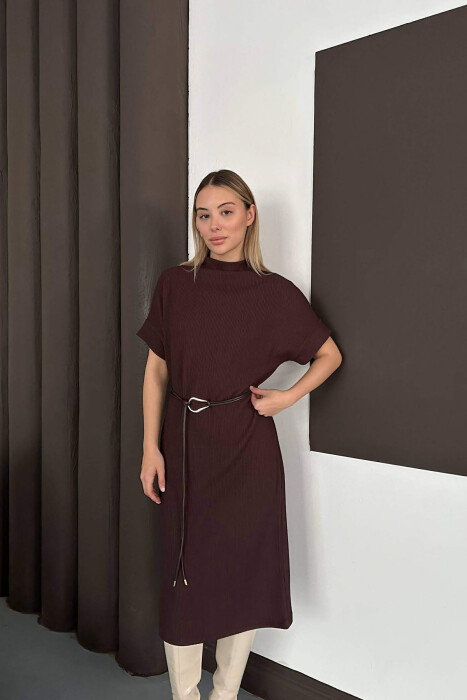 SHORT SLEEVES LACING DETAIL LONG WOMEN DRESS BROWN/KAFE - 2