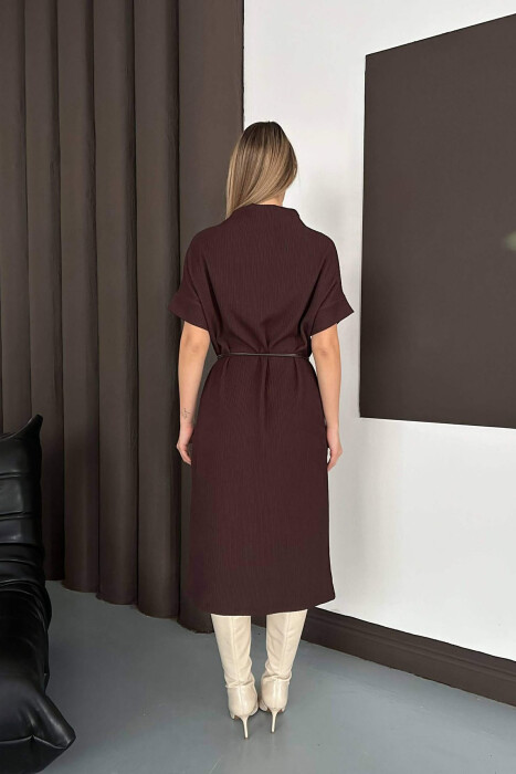 SHORT SLEEVES LACING DETAIL LONG WOMEN DRESS BROWN/KAFE - 3