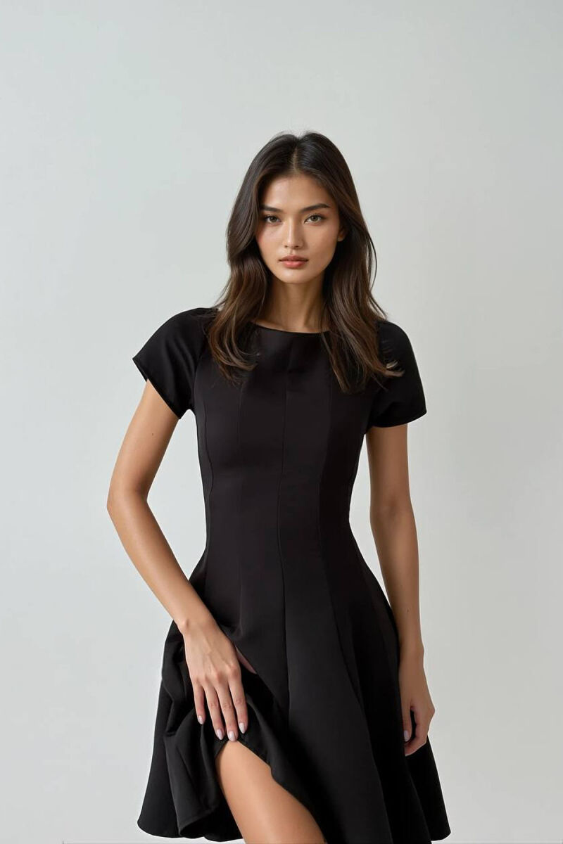 SHORT SLEEVES ONE COLOR WOMEN DRESS BLACK/ E ZEZE - 2