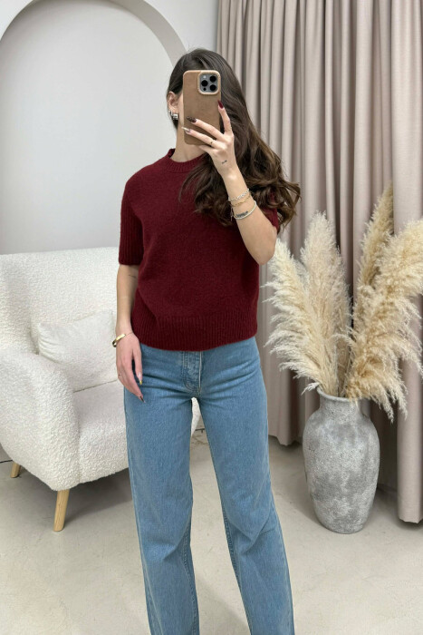 SHORT SLEEVES ONE COLOR WOMEN SWEATER BURGUNDY/VISHNJE - KLAUDIO FASHION
