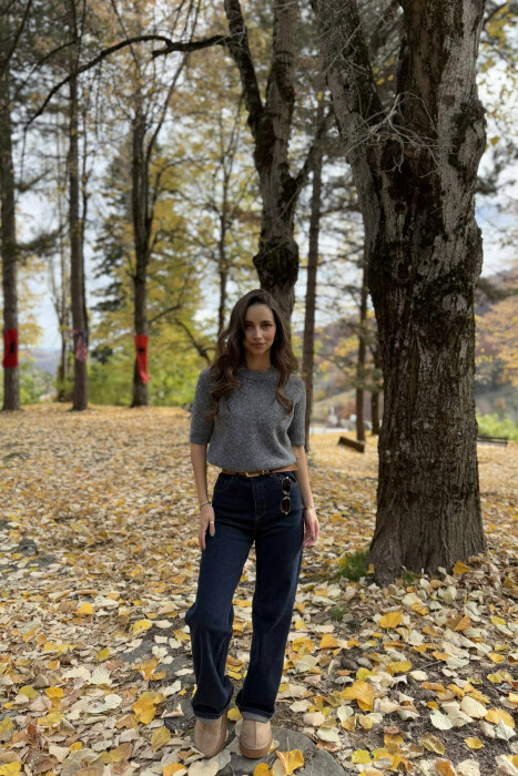 SHORT SLEEVES ONE COLOR WOMEN SWEATER DARK GREY/GEE - 4