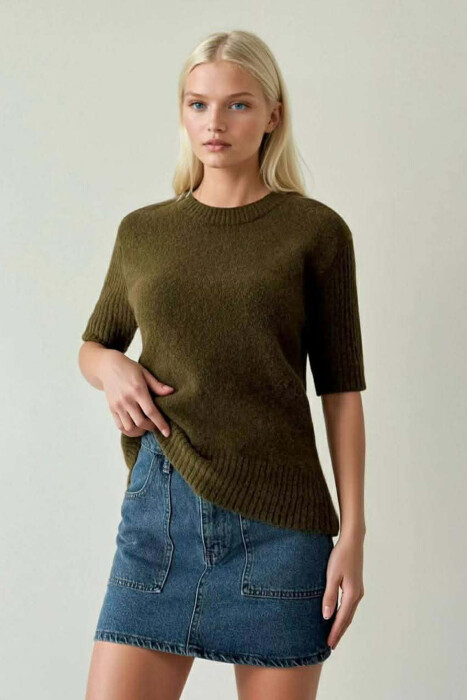 SHORT SLEEVES ONE COLOR WOMEN SWEATER GREEN/JESHILE 