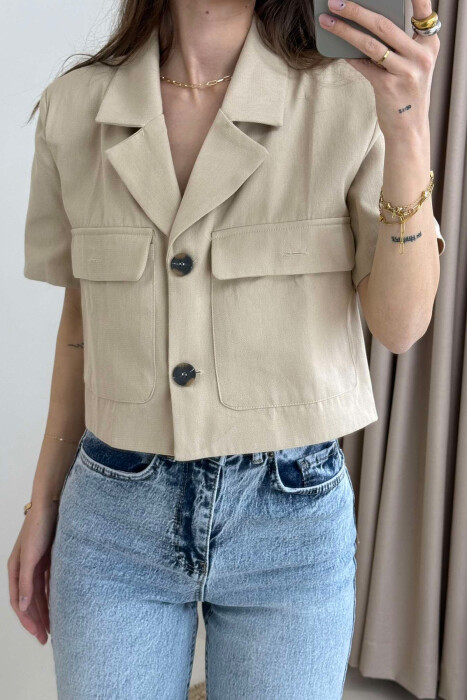 SHORT SLEEVES POCKETS CROPPED WOMEN SHIRT BEIGE/BEZHE 