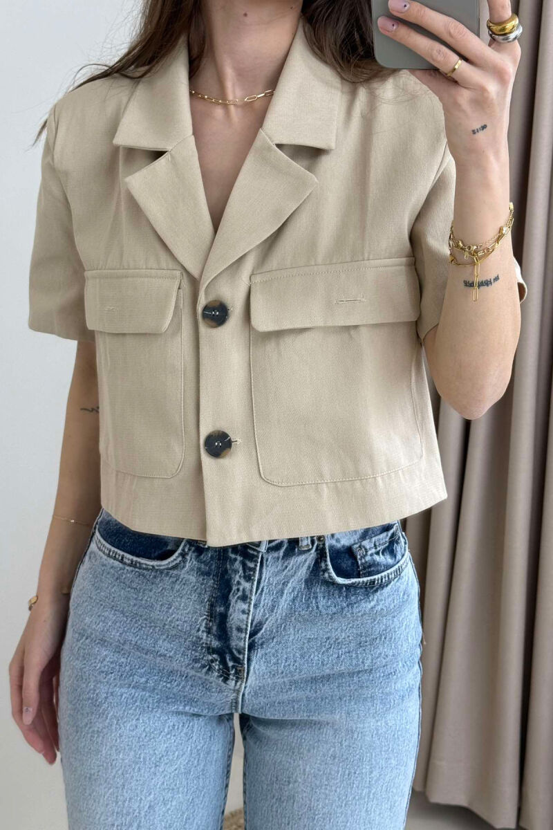 SHORT SLEEVES POCKETS CROPPED WOMEN SHIRT BEIGE/BEZHE - 1