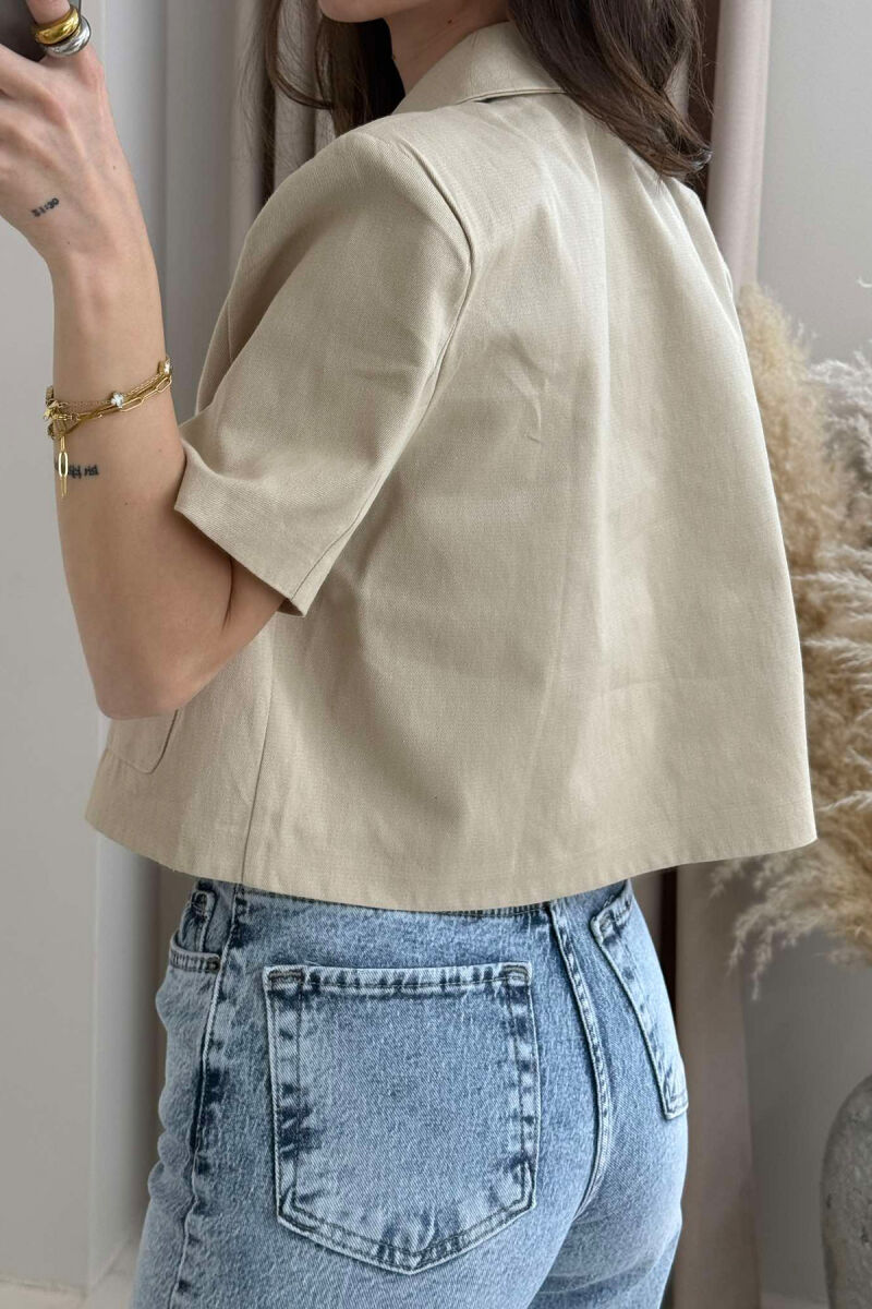 SHORT SLEEVES POCKETS CROPPED WOMEN SHIRT BEIGE/BEZHE - 2