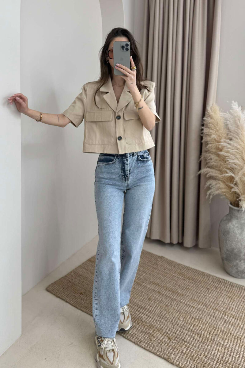 SHORT SLEEVES POCKETS CROPPED WOMEN SHIRT BEIGE/BEZHE - 3