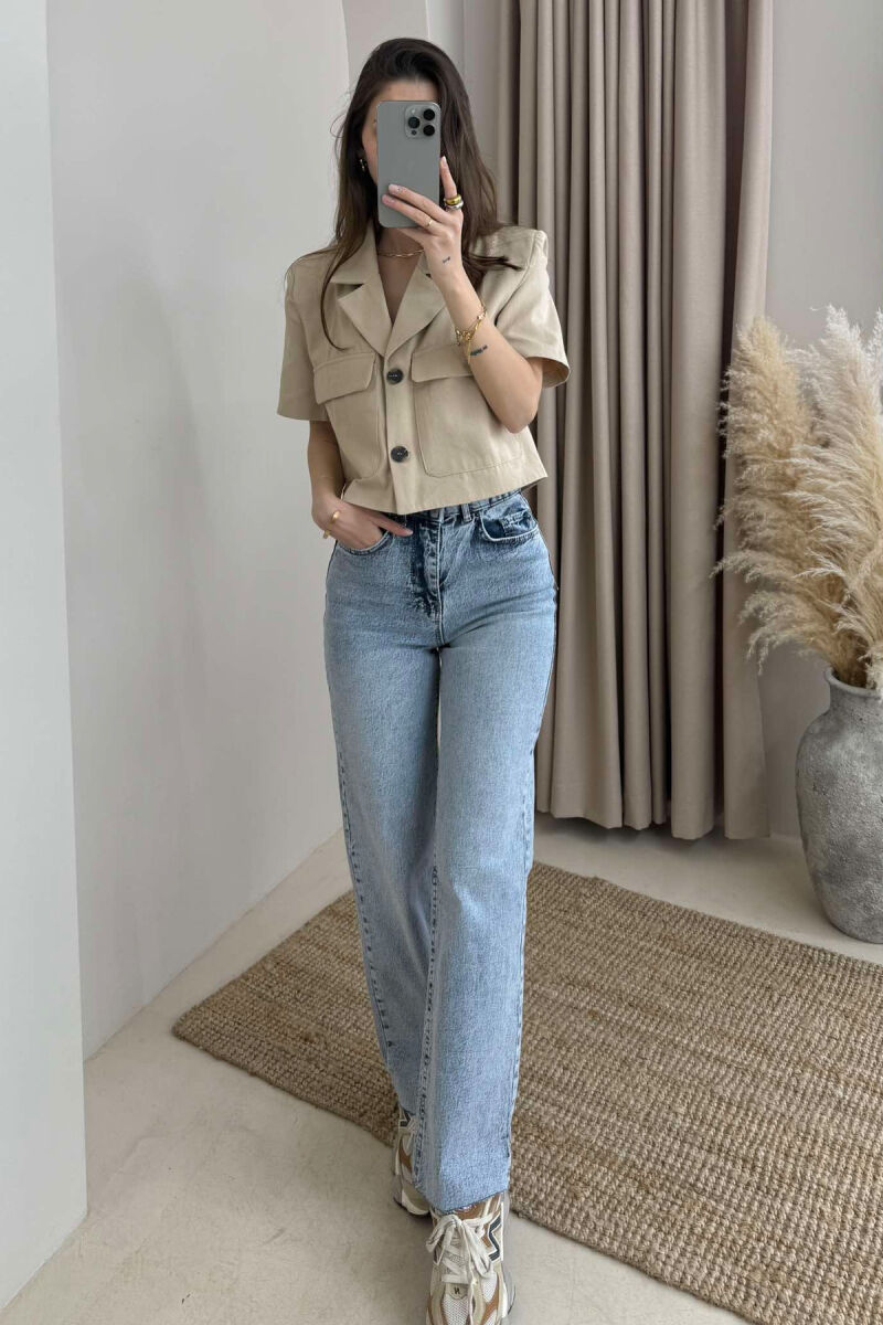 SHORT SLEEVES POCKETS CROPPED WOMEN SHIRT BEIGE/BEZHE - 4