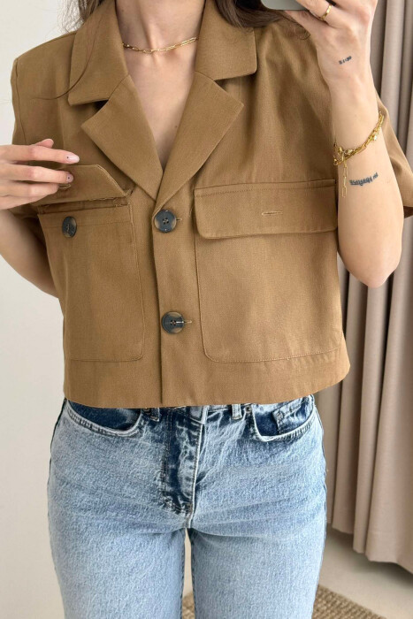 SHORT SLEEVES POCKETS CROPPED WOMEN SHIRT BROWN/KAFE 