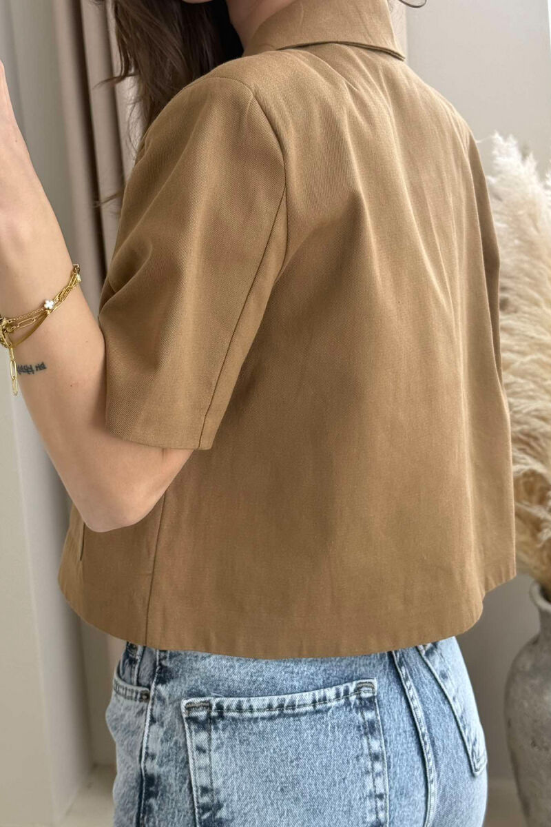 SHORT SLEEVES POCKETS CROPPED WOMEN SHIRT BROWN/KAFE - 2