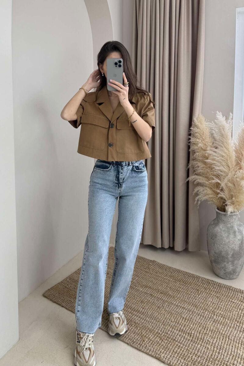 SHORT SLEEVES POCKETS CROPPED WOMEN SHIRT BROWN/KAFE - 3