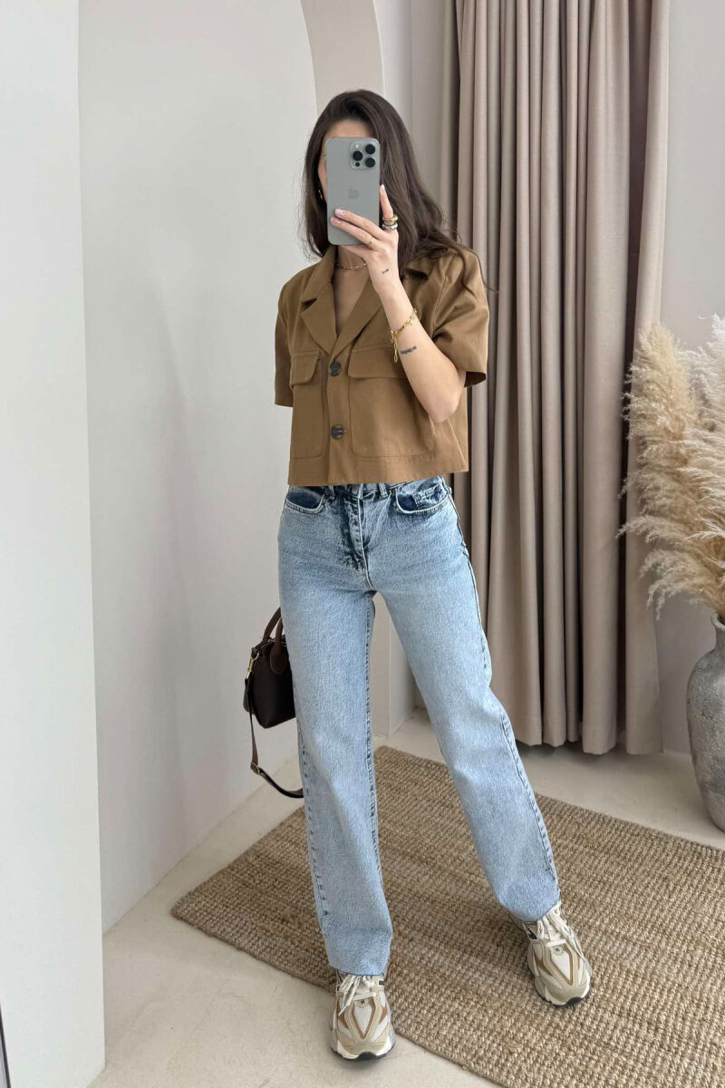 SHORT SLEEVES POCKETS CROPPED WOMEN SHIRT BROWN/KAFE - 4
