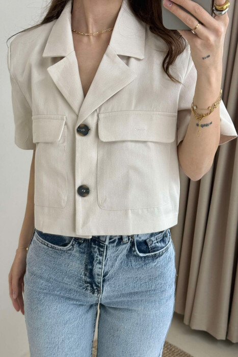 SHORT SLEEVES POCKETS CROPPED WOMEN SHIRT CREAM/KREM 