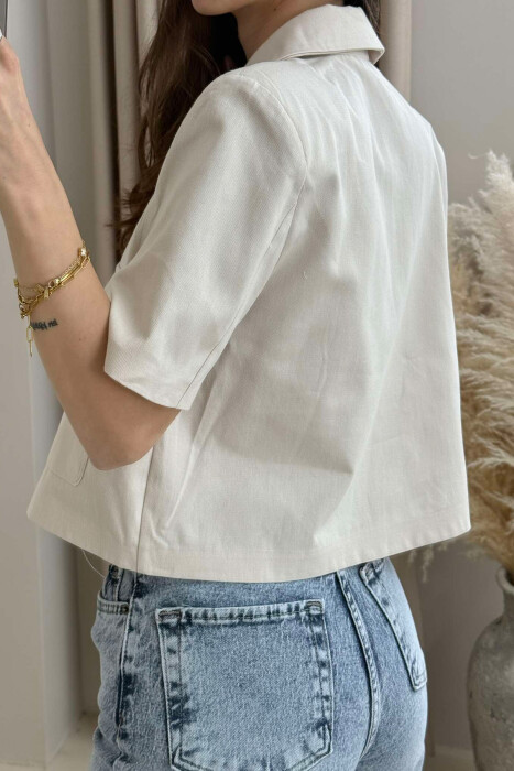 SHORT SLEEVES POCKETS CROPPED WOMEN SHIRT CREAM/KREM - 2