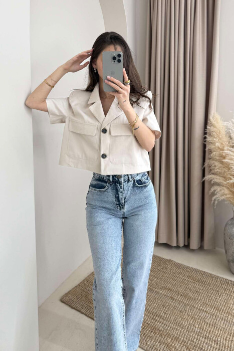 SHORT SLEEVES POCKETS CROPPED WOMEN SHIRT CREAM/KREM - 3