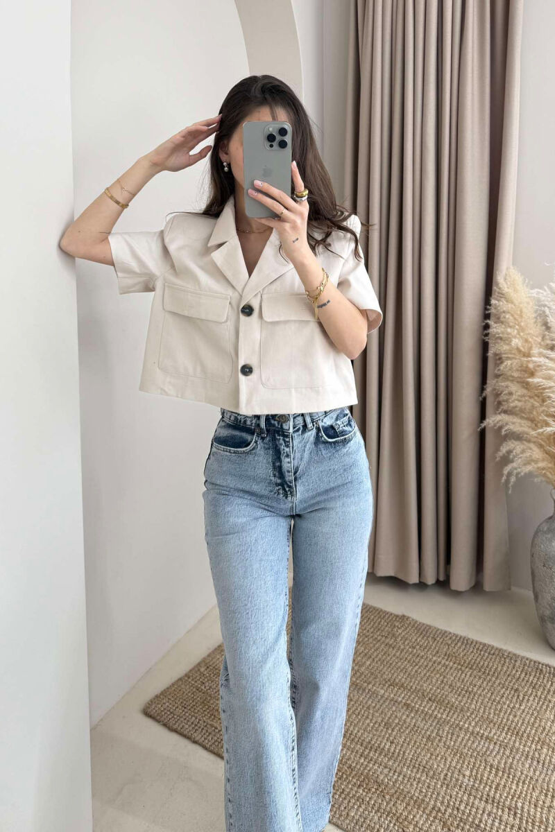 SHORT SLEEVES POCKETS CROPPED WOMEN SHIRT CREAM/KREM - 3