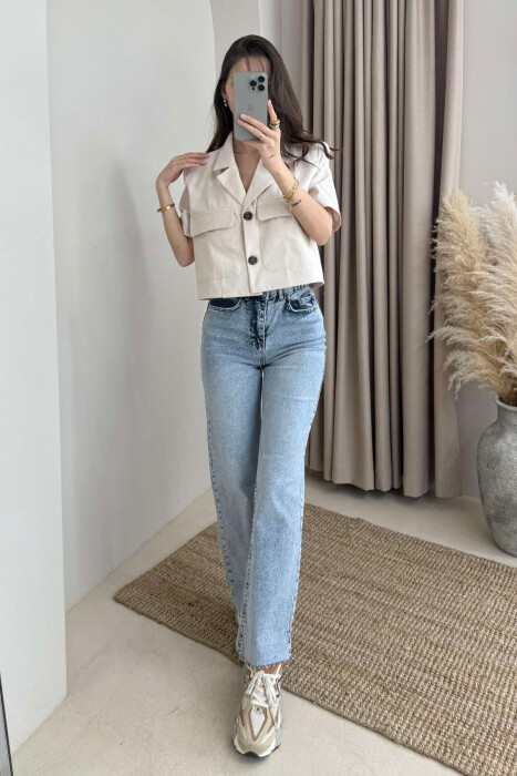 SHORT SLEEVES POCKETS CROPPED WOMEN SHIRT CREAM/KREM - 4