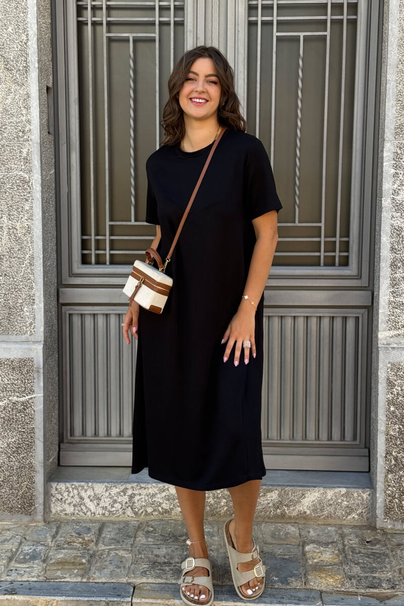 SHORT SLEEVES ROUND NECK ONE COLOR WOMEN DRESS BLACK/ E ZEZE - 2