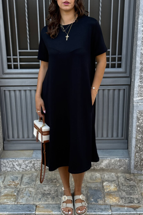 SHORT SLEEVES ROUND NECK ONE COLOR WOMEN DRESS BLACK/ E ZEZE - 3
