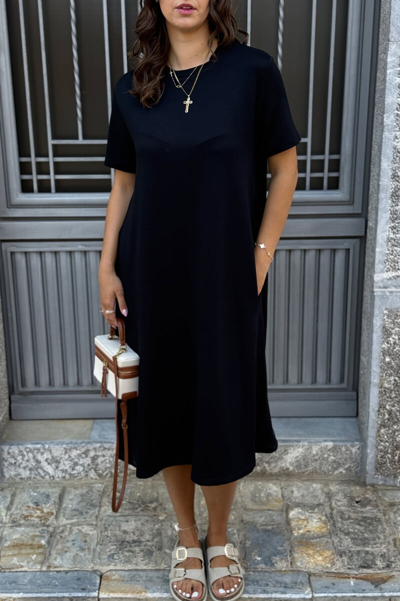 SHORT SLEEVES ROUND NECK ONE COLOR WOMEN DRESS BLACK/ E ZEZE - 3