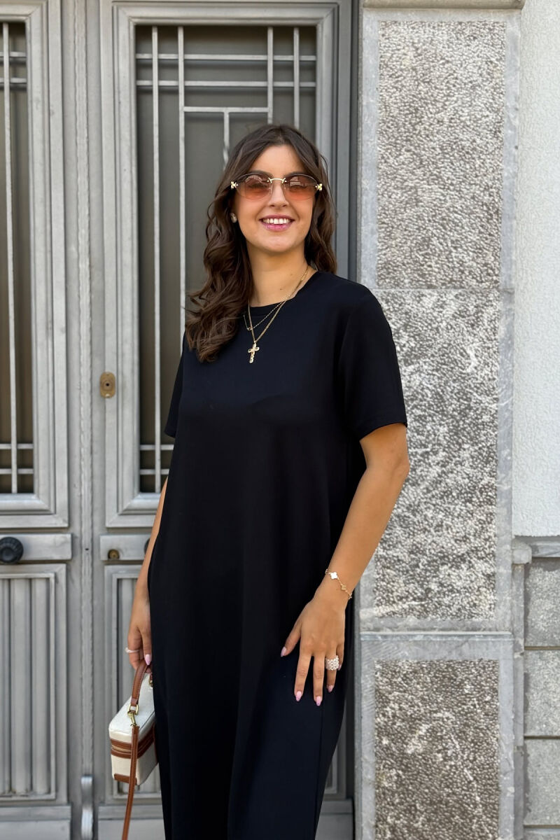 SHORT SLEEVES ROUND NECK ONE COLOR WOMEN DRESS BLACK/ E ZEZE - 4