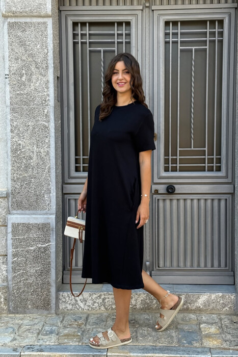 SHORT SLEEVES ROUND NECK ONE COLOR WOMEN DRESS BLACK/ E ZEZE 