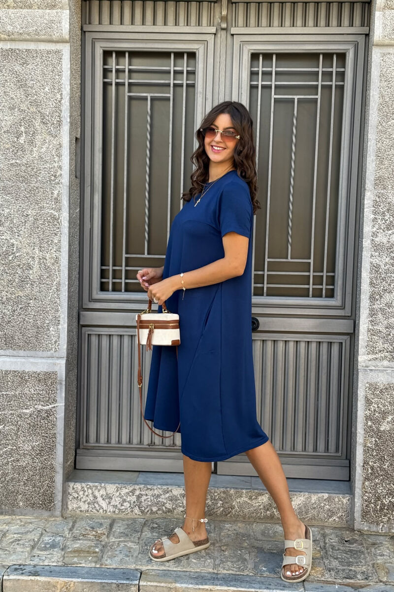 SHORT SLEEVES ROUND NECK ONE COLOR WOMEN DRESS BLUE/BLU - 5