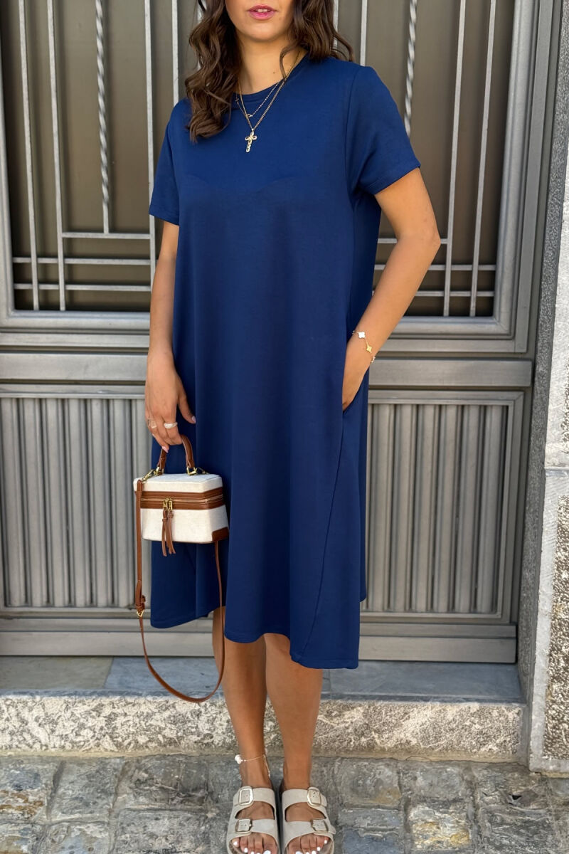 SHORT SLEEVES ROUND NECK ONE COLOR WOMEN DRESS BLUE/BLU - 6