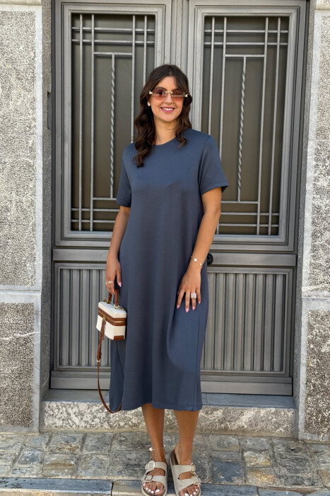 SHORT SLEEVES ROUND NECK ONE COLOR WOMEN DRESS GREY/GRI 