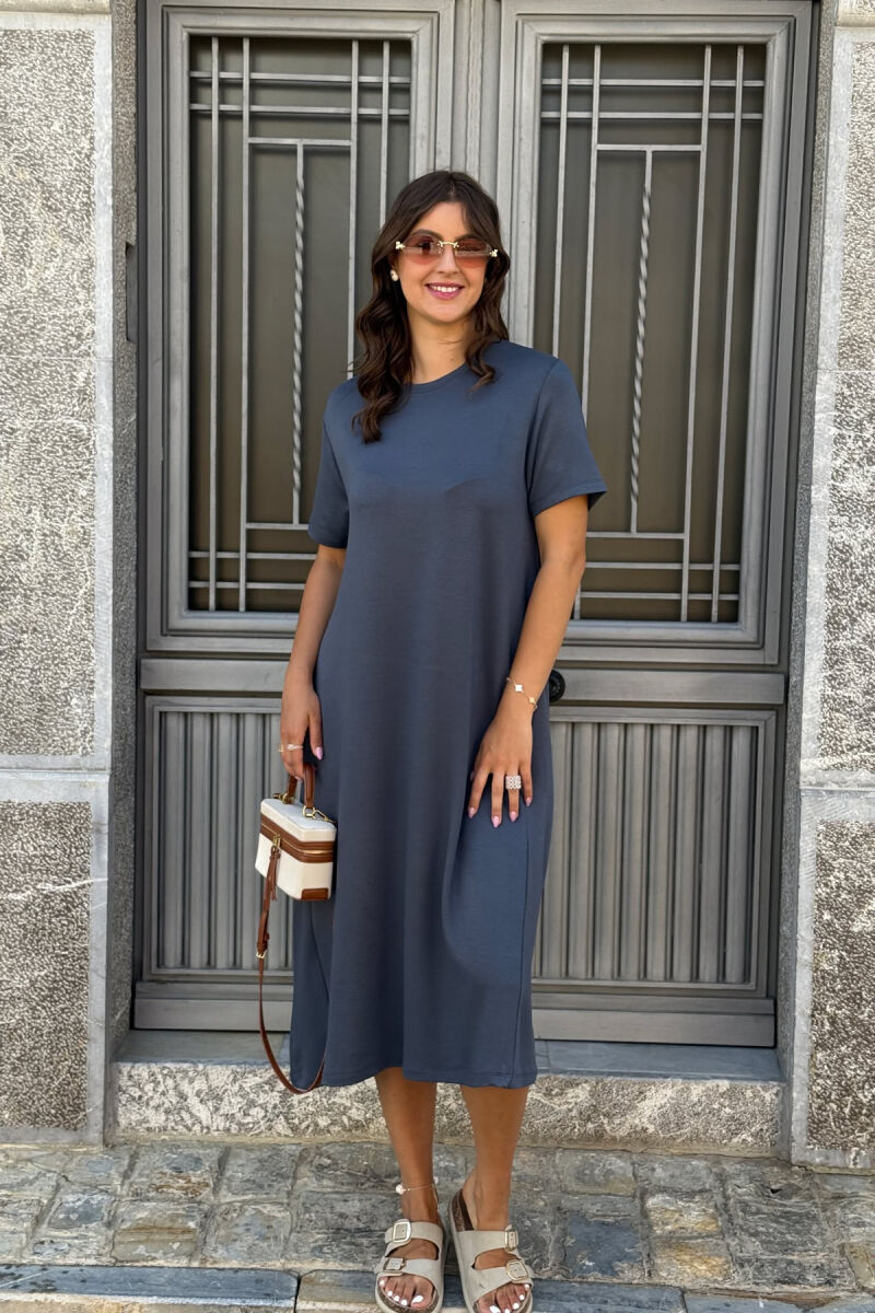 SHORT SLEEVES ROUND NECK ONE COLOR WOMEN DRESS GREY/GRI - 1