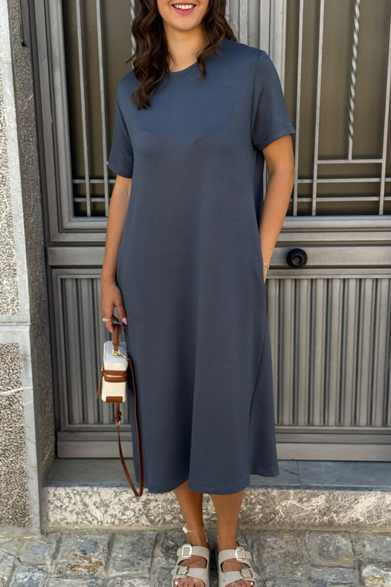 SHORT SLEEVES ROUND NECK ONE COLOR WOMEN DRESS GREY/GRI - 3