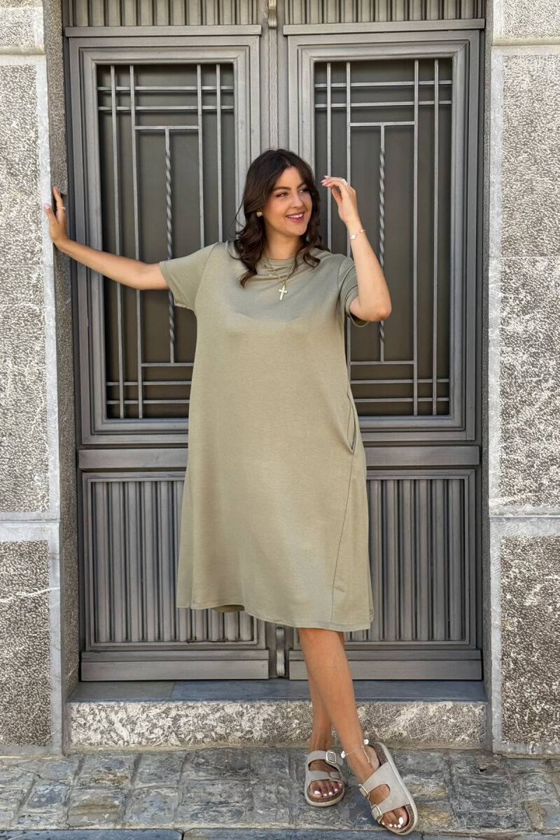 SHORT SLEEVES ROUND NECK ONE COLOR WOMEN DRESS OLIVE/ULLI - 2