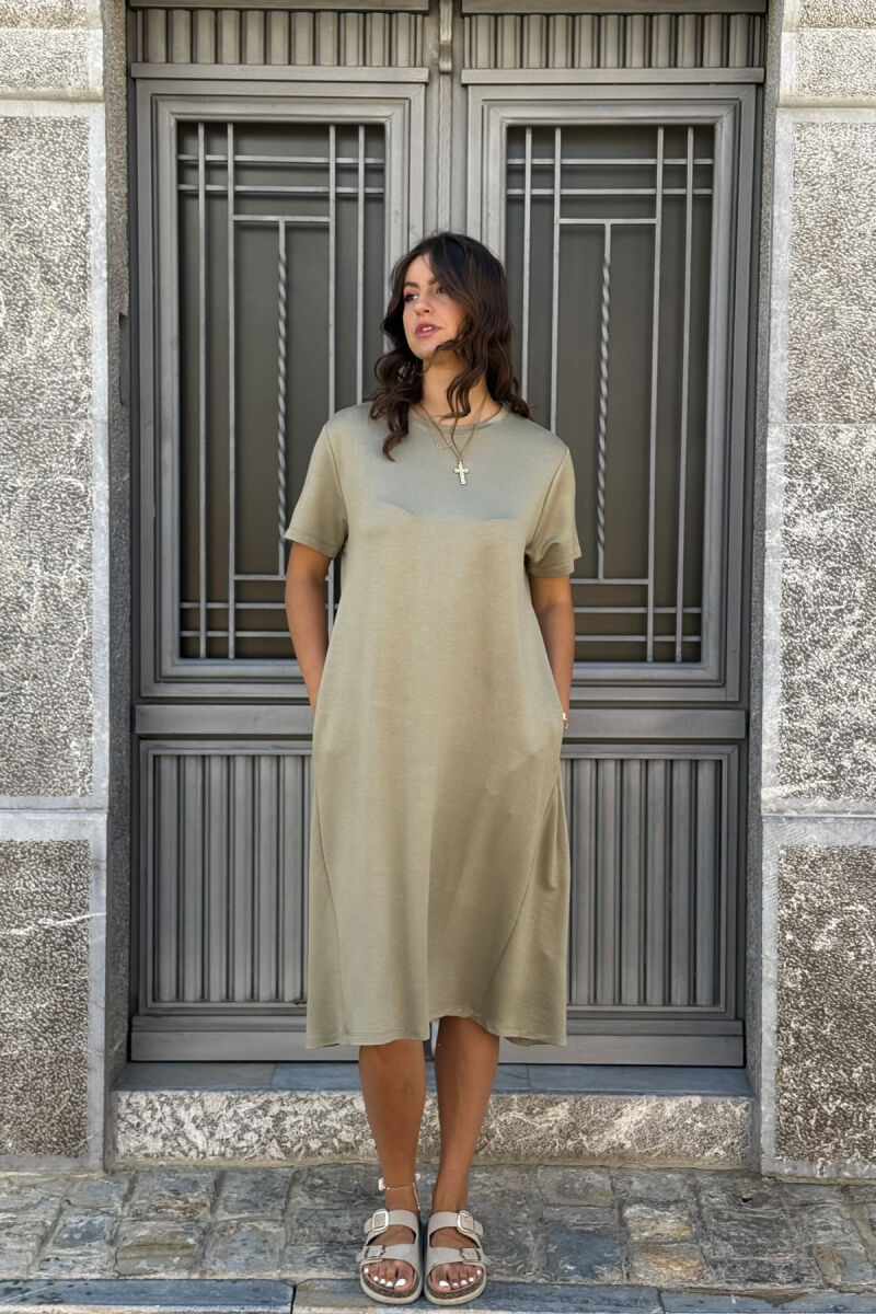 SHORT SLEEVES ROUND NECK ONE COLOR WOMEN DRESS OLIVE/ULLI - 3