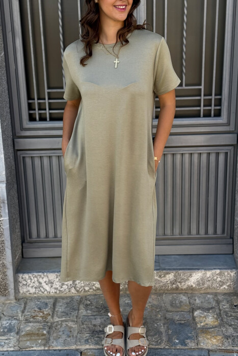SHORT SLEEVES ROUND NECK ONE COLOR WOMEN DRESS OLIVE/ULLI - 4