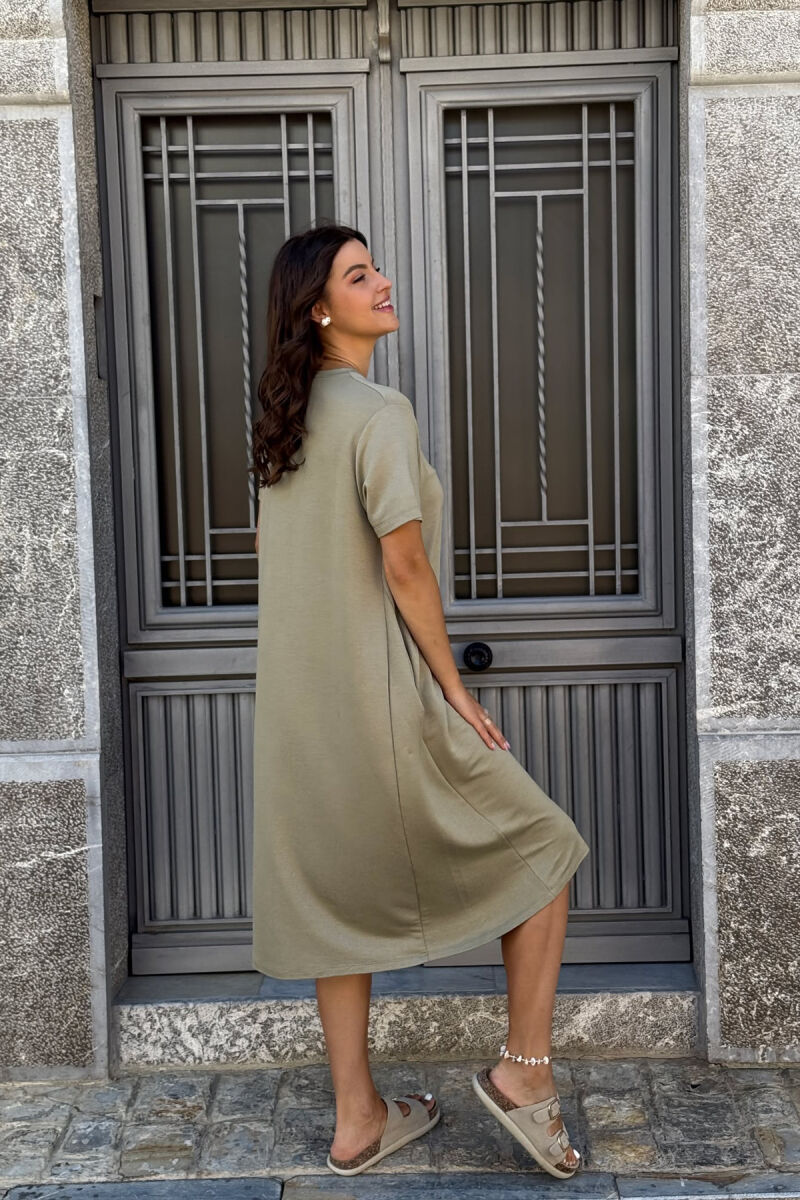 SHORT SLEEVES ROUND NECK ONE COLOR WOMEN DRESS OLIVE/ULLI - 5