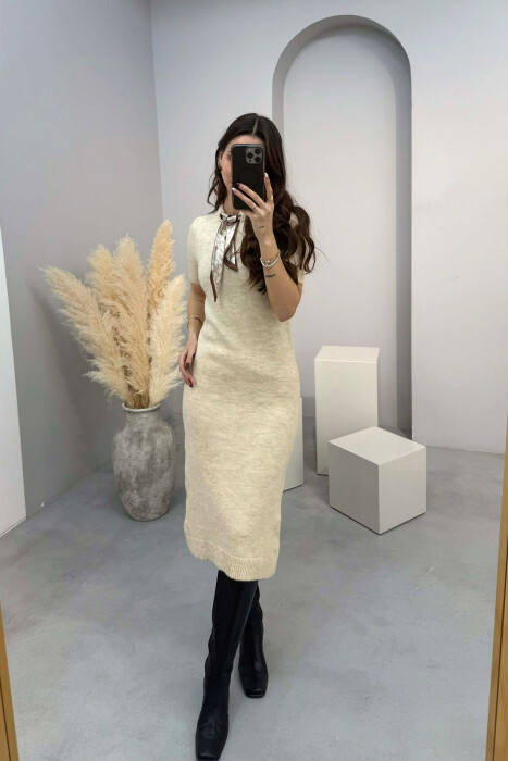 SHORT SLEEVES SCARF DETAIL KNIT WOMEN DRESS BEIGE/BEZHE 