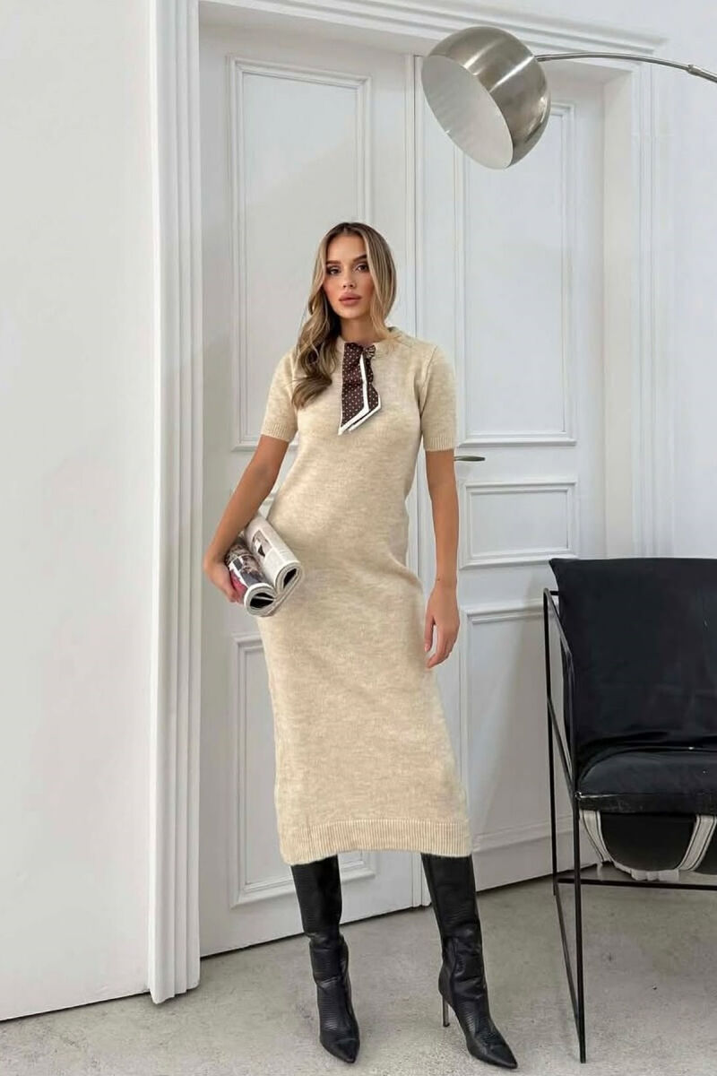 SHORT SLEEVES SCARF DETAIL KNIT WOMEN DRESS BEIGE/BEZHE - 1