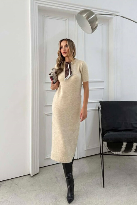 SHORT SLEEVES SCARF DETAIL KNIT WOMEN DRESS BEIGE/BEZHE - 2