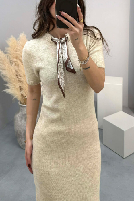 SHORT SLEEVES SCARF DETAIL KNIT WOMEN DRESS BEIGE/BEZHE - 2