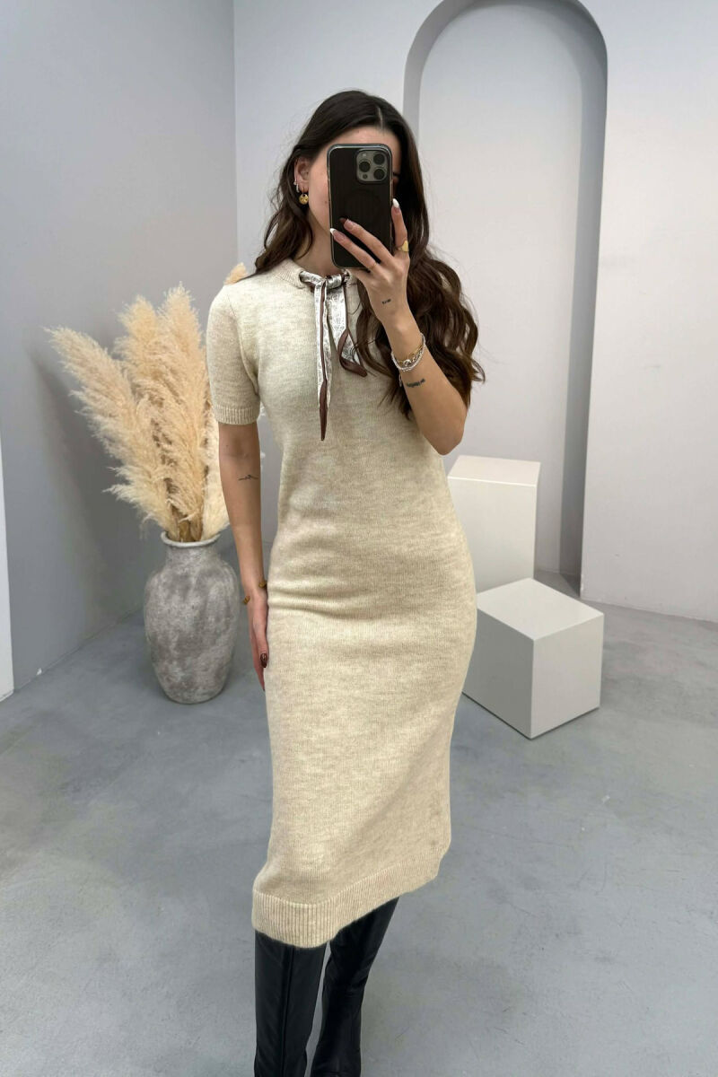 SHORT SLEEVES SCARF DETAIL KNIT WOMEN DRESS BEIGE/BEZHE - 4