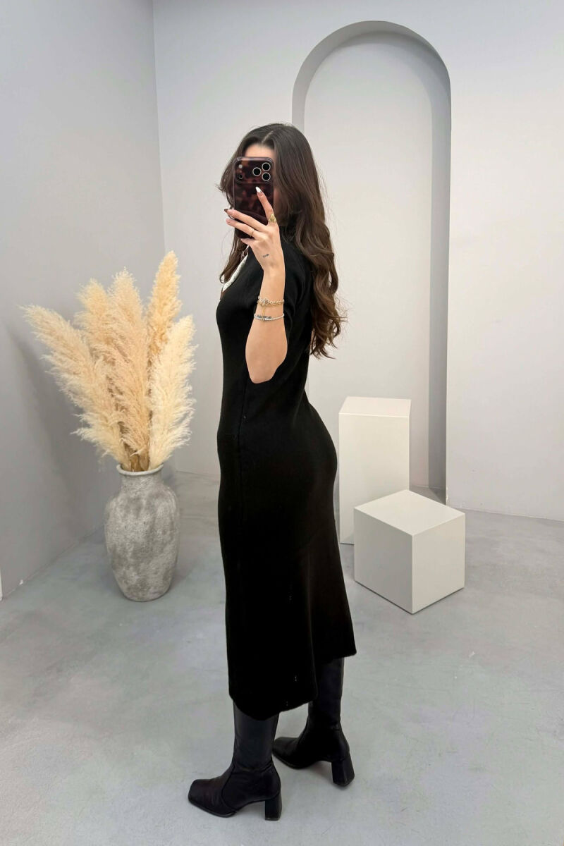 SHORT SLEEVES SCARF DETAIL KNIT WOMEN DRESS BLACK/ E ZEZE - 2