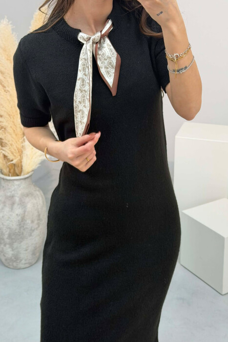 SHORT SLEEVES SCARF DETAIL KNIT WOMEN DRESS BLACK/ E ZEZE - 4