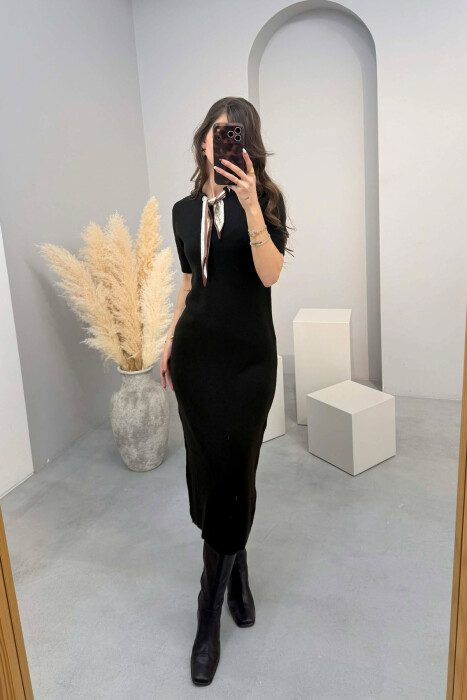 SHORT SLEEVES SCARF DETAIL KNIT WOMEN DRESS BLACK/ E ZEZE - KLAUDIO FASHION