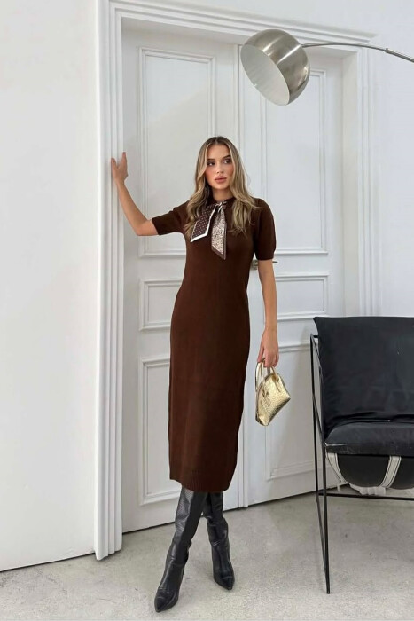 SHORT SLEEVES SCARF DETAIL KNIT WOMEN DRESS BROWN/KAFE - 2