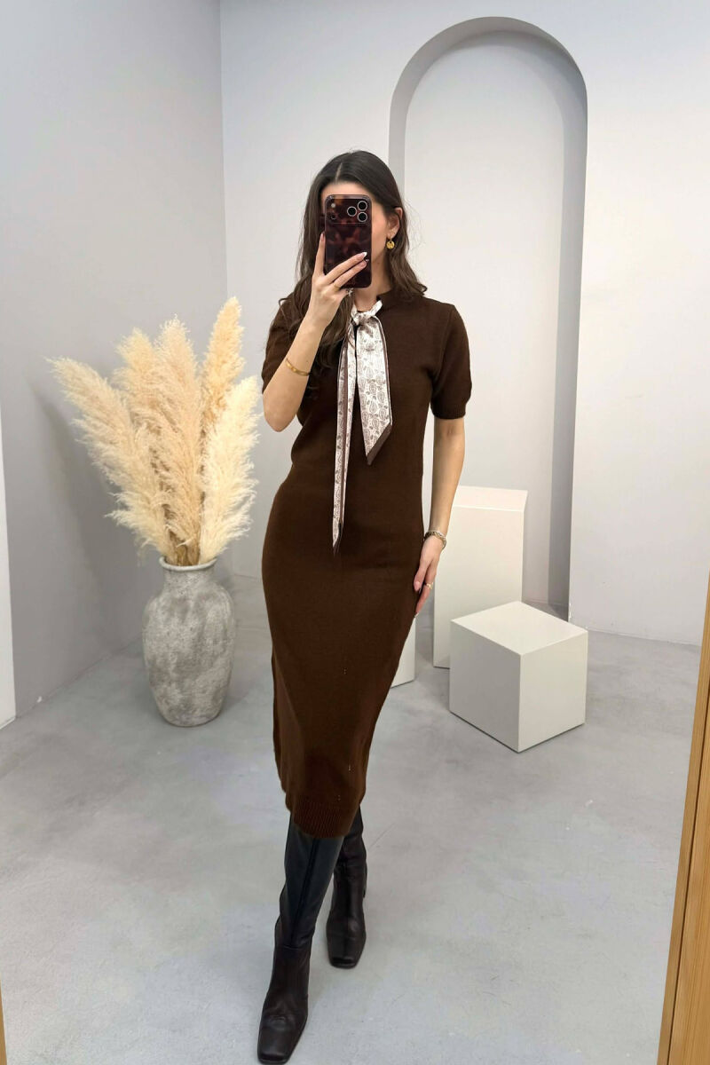 SHORT SLEEVES SCARF DETAIL KNIT WOMEN DRESS BROWN/KAFE - 1