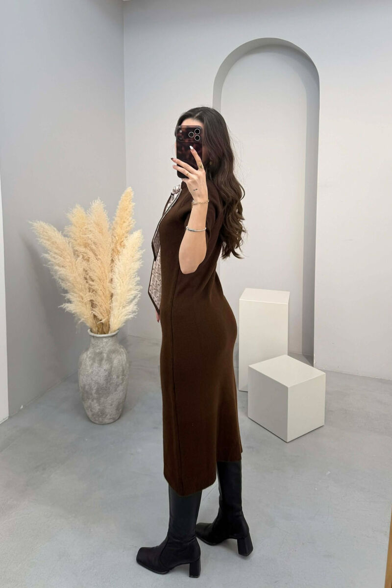 SHORT SLEEVES SCARF DETAIL KNIT WOMEN DRESS BROWN/KAFE - 4