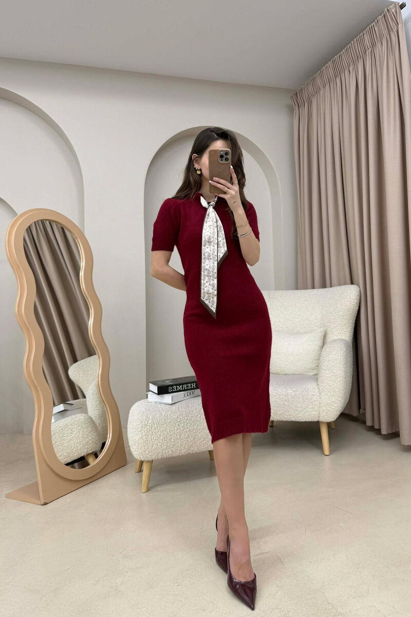 SHORT SLEEVES SCARF DETAIL KNIT WOMEN DRESS BURGUNDY/VISHNJE - 1