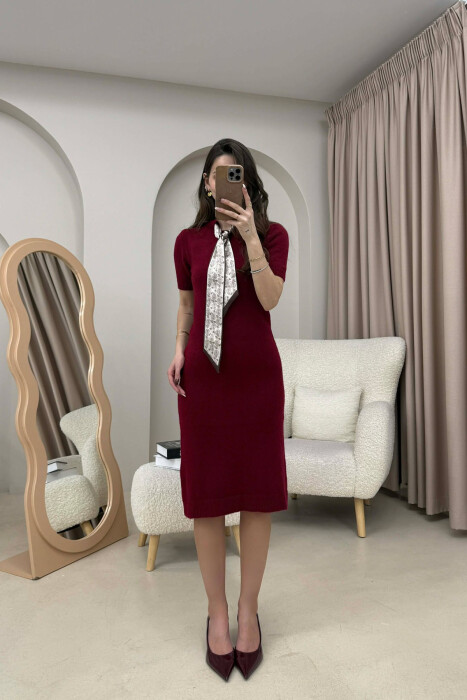 SHORT SLEEVES SCARF DETAIL KNIT WOMEN DRESS BURGUNDY/VISHNJE - 2